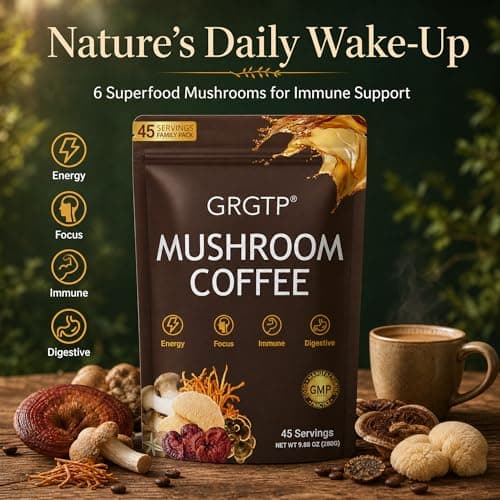 GRGTP Mushroom Coffee - Superfood Blend with 6 Adaptogens (Cordyceps, Lion's Mane, Reishi Other) | Jitter-Free Energy, Enhanced Focus, Digestion & Immunity Support | 45 Servings, Vegan, Gluten Free, Non-GMO | Smooth Flavor