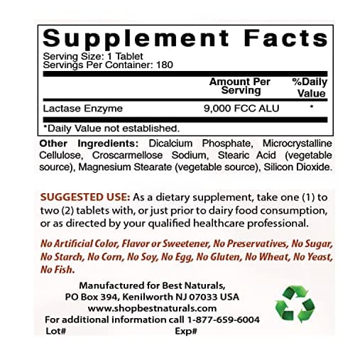 Best Naturals Lactose Intolerance Relief Tablets with Natural Lactase Enzyme, Fast Acting High Potency Lactase, 9000 FCC ALU, 180 Count