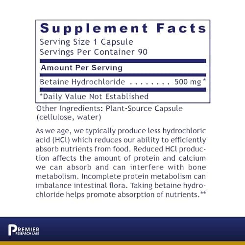 Premier Research Labs Premier HCL - Betaine HCL, Betaine Hydrochloride Supplement for Optimal Digestive Function, Nutrient Absorption, Betaine-HCL for Low Stomach Acid- 90 Vegetarian Capsules