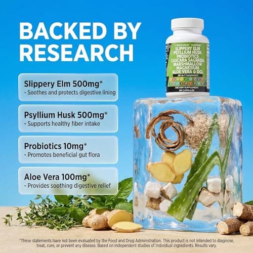 Clean Nutraceuticals Slippery Elm Psyllium Husk Pre Probiotic Digestive Gut Health Supplement with Aloe Vera Cascara Sagrada Marshmallow Root DGL Licorice Senna Extract