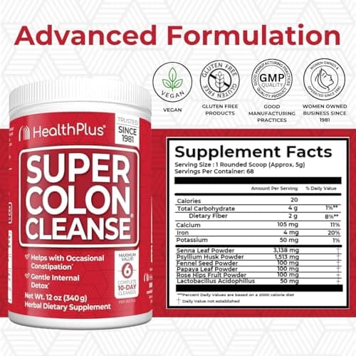Health Plus Super Colon Cleanse, 12 oz Powder, 68 Servings - Natural Detox, Digestive Constipation Relief, Gentle Gut Cleanse with Psyllium Husk & Senna Leaf