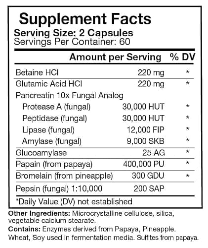 Bio-Design DiAcid Stim - Betaine Hydrochloride Acid + Digestive Enzyme Supplement - Supports Healthy Digestion of Protein, Fat, Carbs & Dairy – Relief from Occasional Gas & Bloating - 120 Capsules